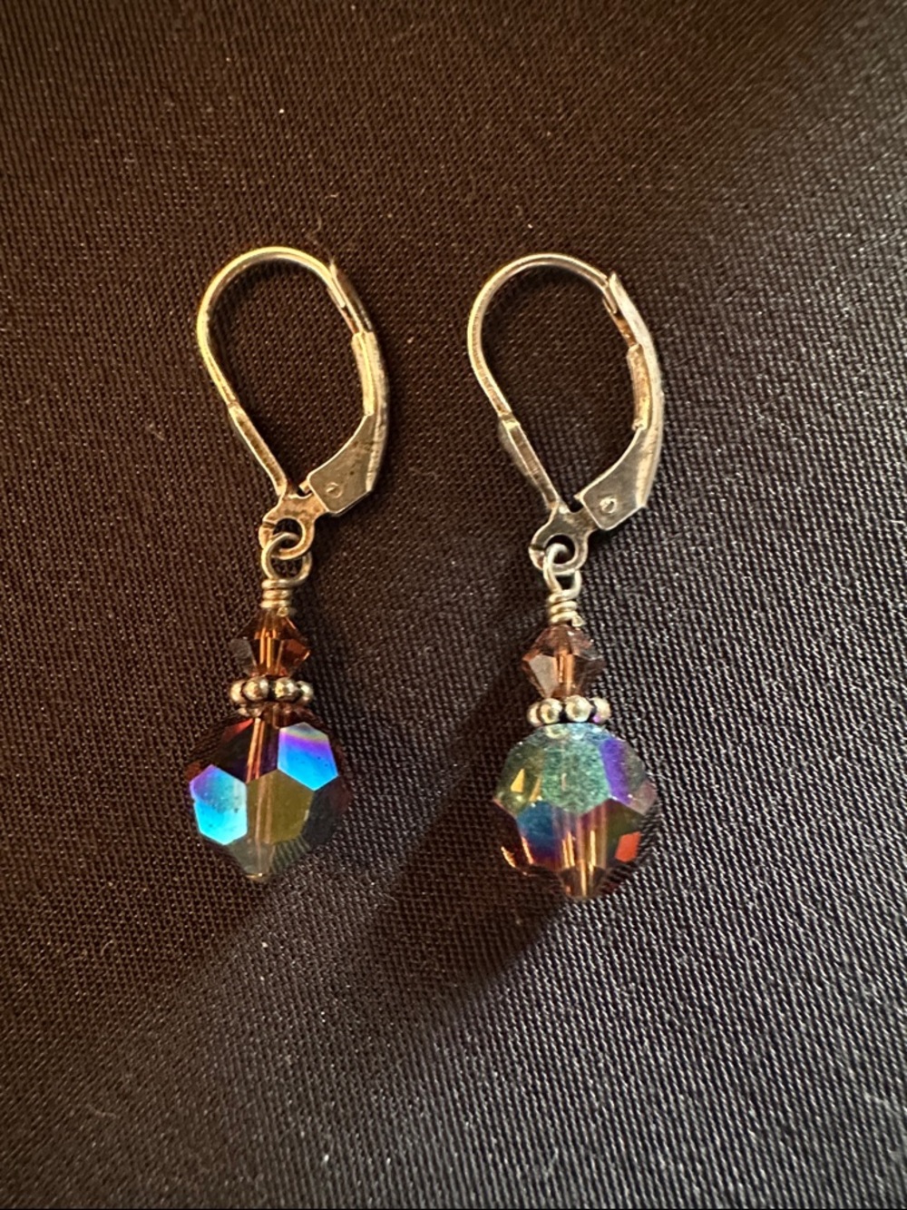 Aurora Borealis EUC amber colored drop earrings in 925 lever back setting.